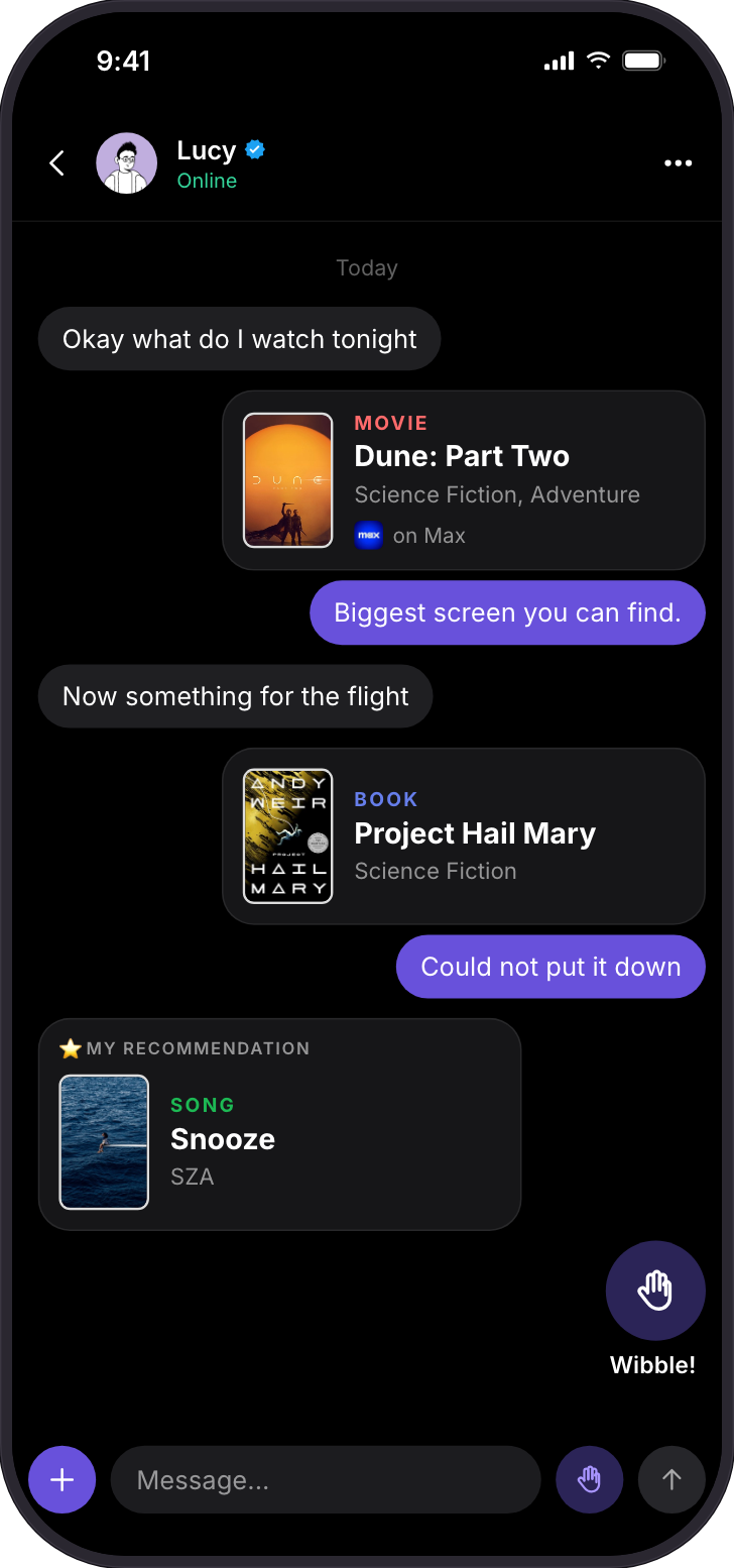 A chat with a movie, a book and a song sent as cards