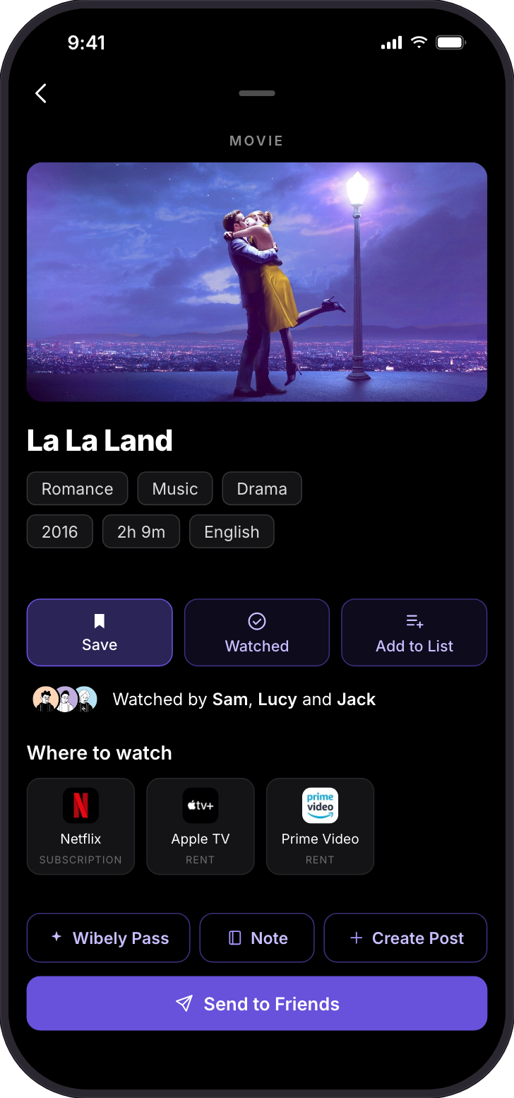 La La Land's page with where to watch and friends who watched it