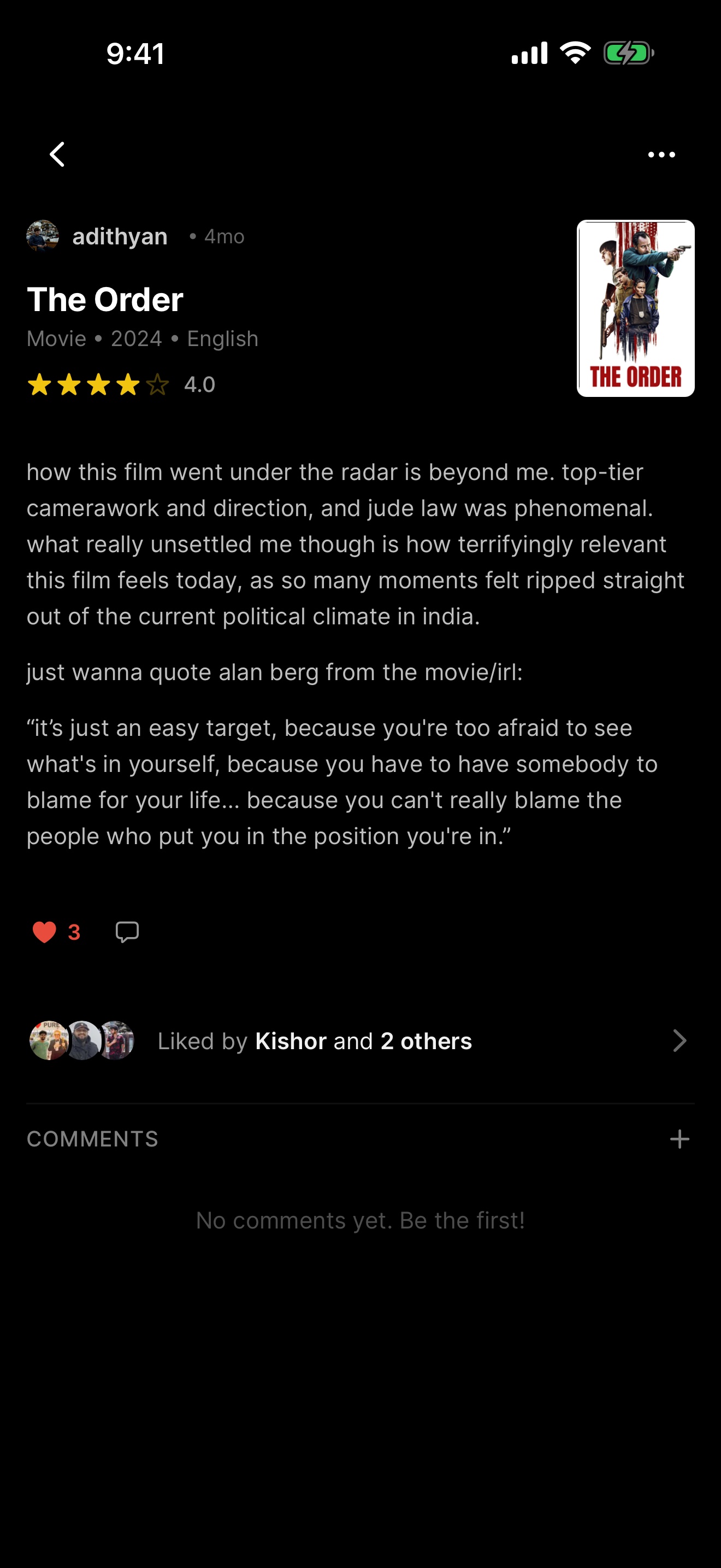 A four-star review of a movie with likes and comments