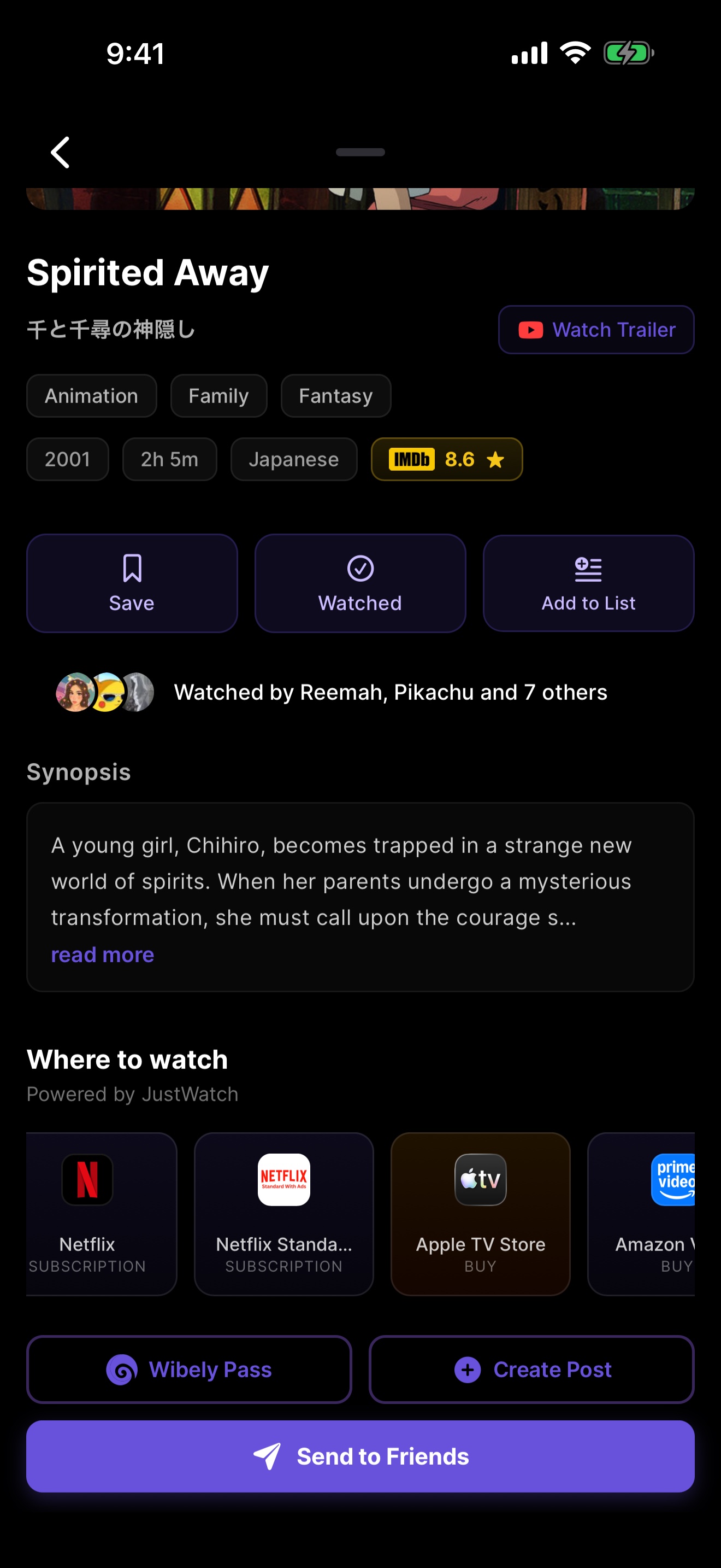 A movie page showing where to watch, the cast and the director
