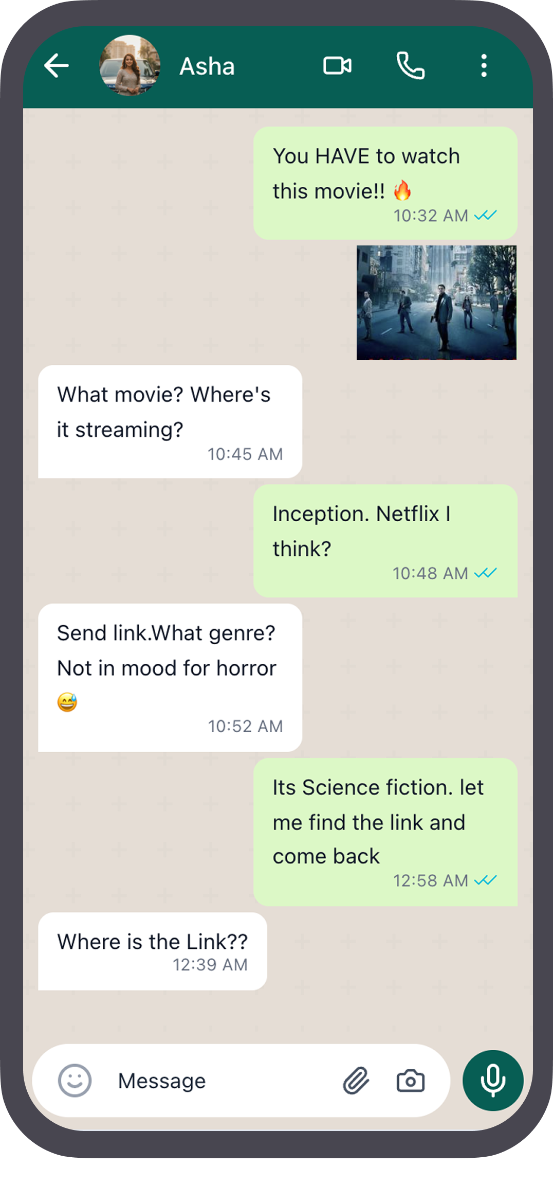 WhatsApp conversation showing messy movie recommendation