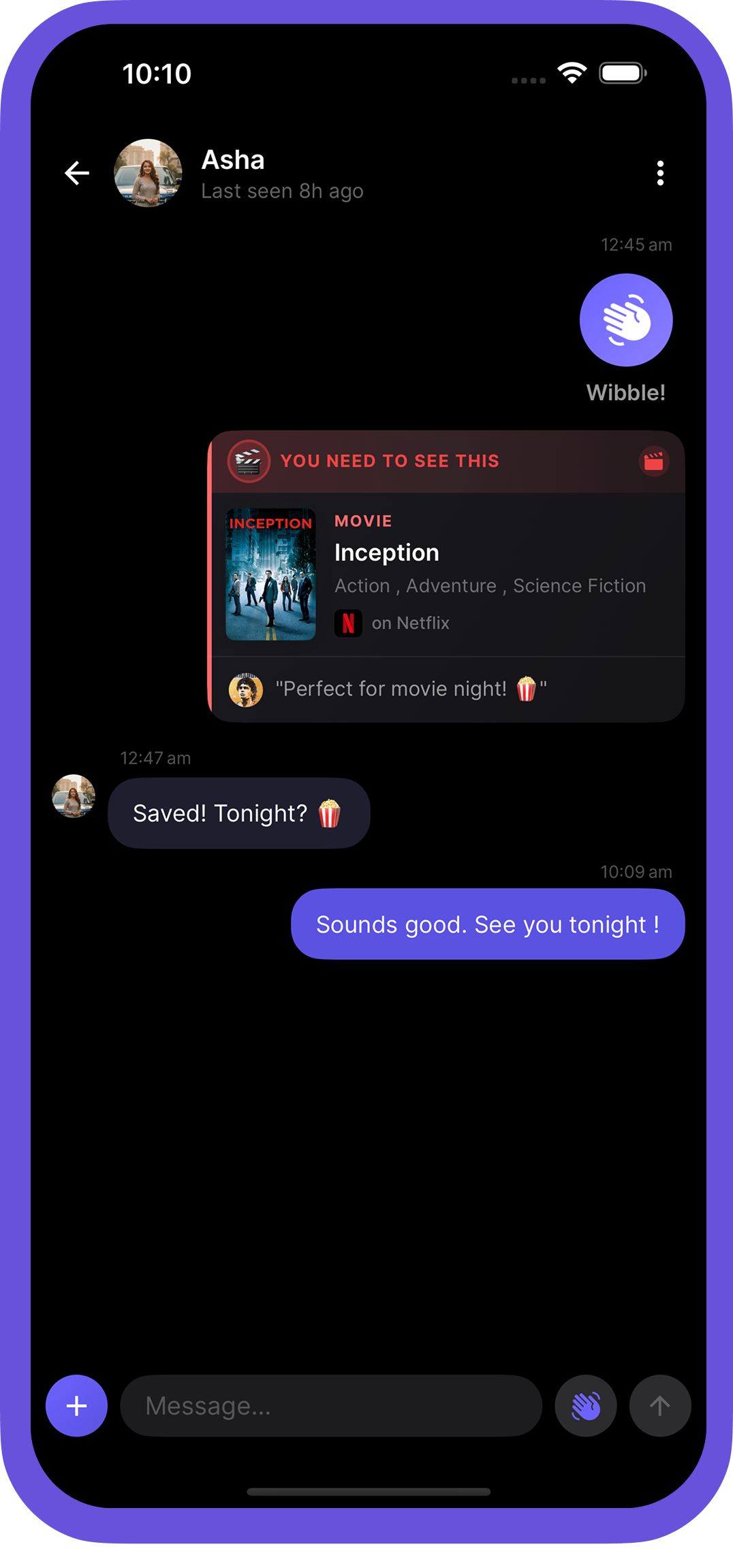 Wibely app showing clean movie recommendation card